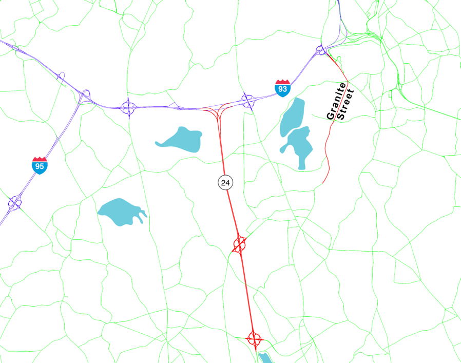 Figure 5 is a map centered on Randolph and parts of Braintree. Parts of Route 24 and Granite Street have been highlighted as CUFCs that extend from I-93 to industrial areas in Randolph, Canton, Stoughton, and Braintree.